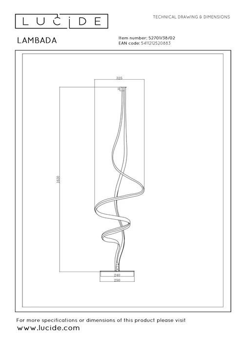 Lucide LAMBADA - Lampadaire - LED Dim. - 1x38W 2700K - Or Mat / Laiton | Premium - technique